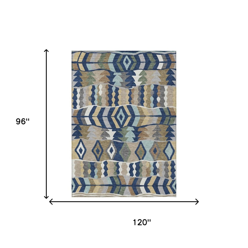 8' X 10' Navy Blue And Blue Geometric Washable Indoor Outdoor Area Rug HomeRoots