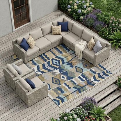 8' X 10' Navy Blue And Blue Geometric Washable Indoor Outdoor Area Rug