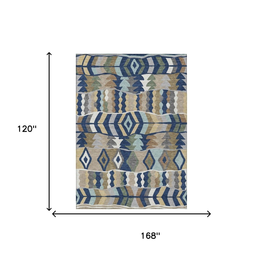 10' X 14' Navy Blue And Blue Geometric Washable Indoor Outdoor Area Rug HomeRoots