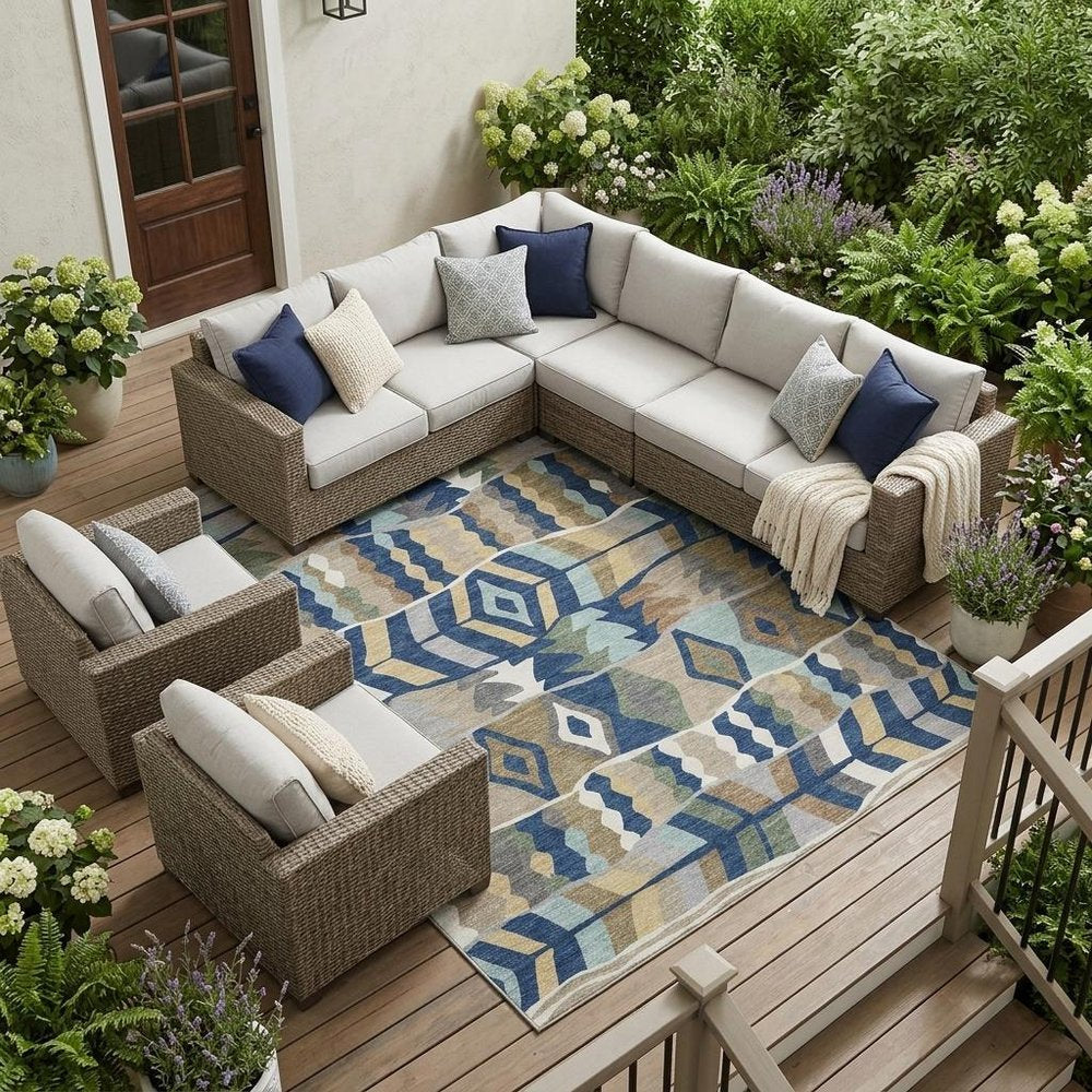 10' X 14' Navy Blue And Blue Geometric Washable Indoor Outdoor Area Rug HomeRoots