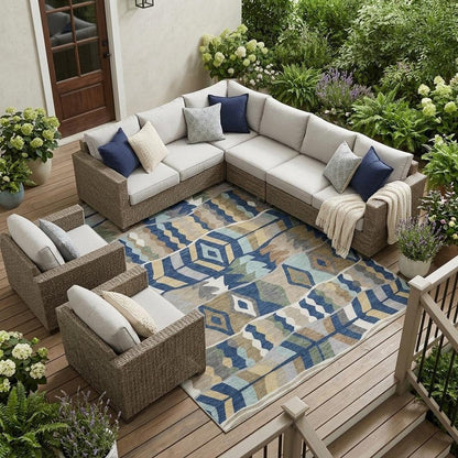 10' X 14' Navy Blue And Blue Geometric Washable Indoor Outdoor Area Rug HomeRoots