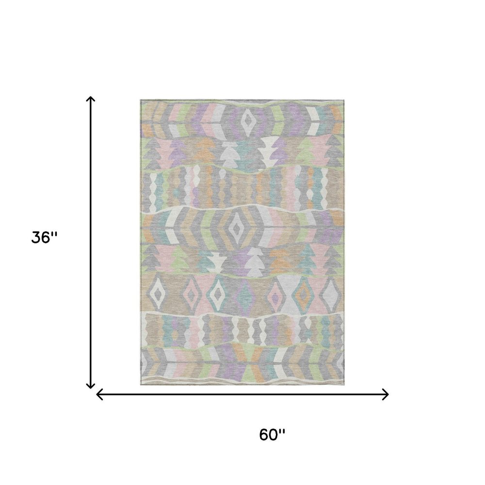 3' X 5' Pewter And Gray Geometric Washable Indoor Outdoor Area Rug HomeRoots
