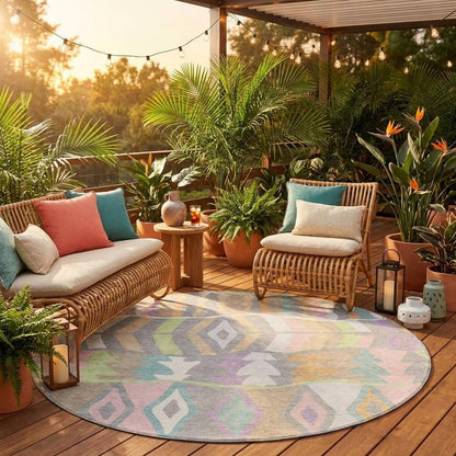 8' Pewter And Gray Round Geometric Washable Indoor Outdoor Area Rug HomeRoots