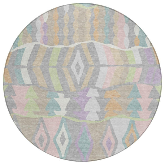 8' Pewter And Gray Round Geometric Washable Indoor Outdoor Area Rug HomeRoots