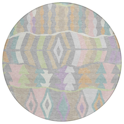 8' Pewter And Gray Round Geometric Washable Indoor Outdoor Area Rug HomeRoots