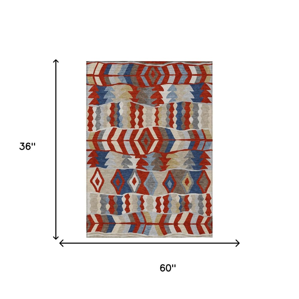 3' X 5' Red And Beige Geometric Washable Indoor Outdoor Area Rug HomeRoots