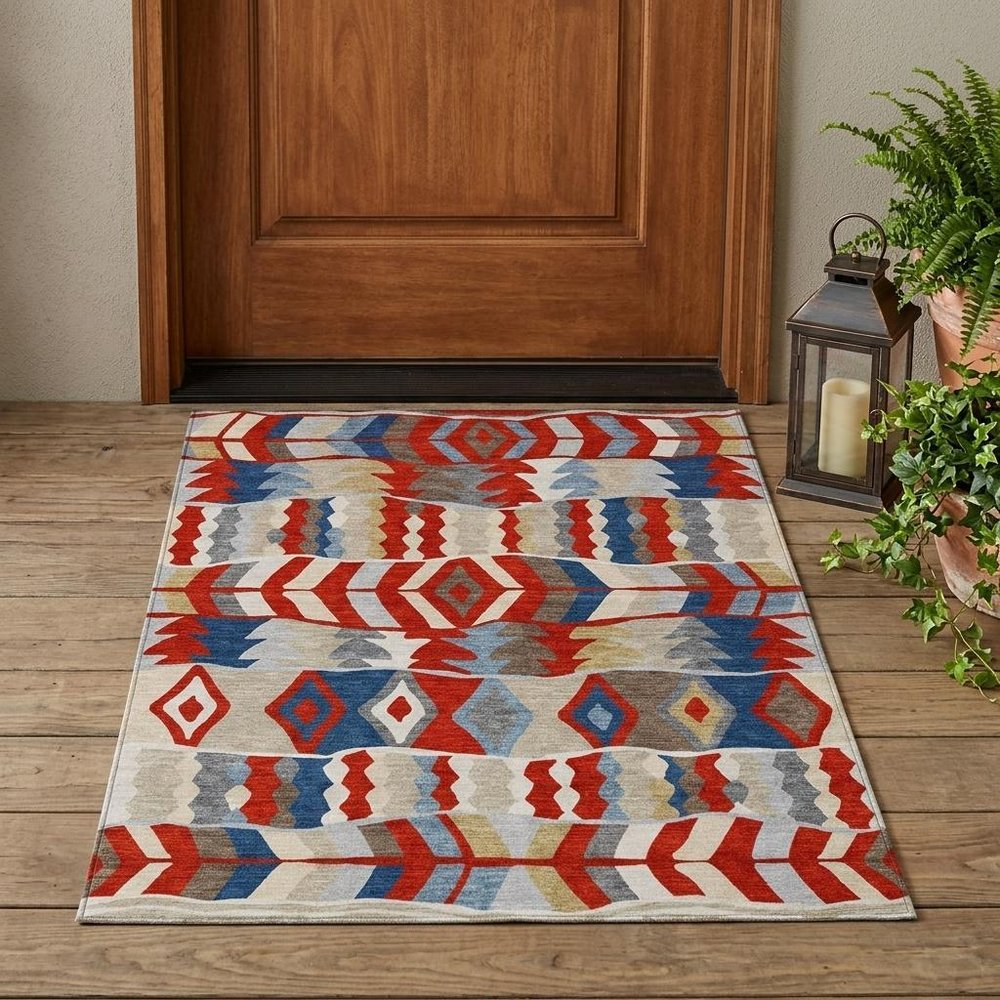 3' X 5' Red And Beige Geometric Washable Indoor Outdoor Area Rug HomeRoots