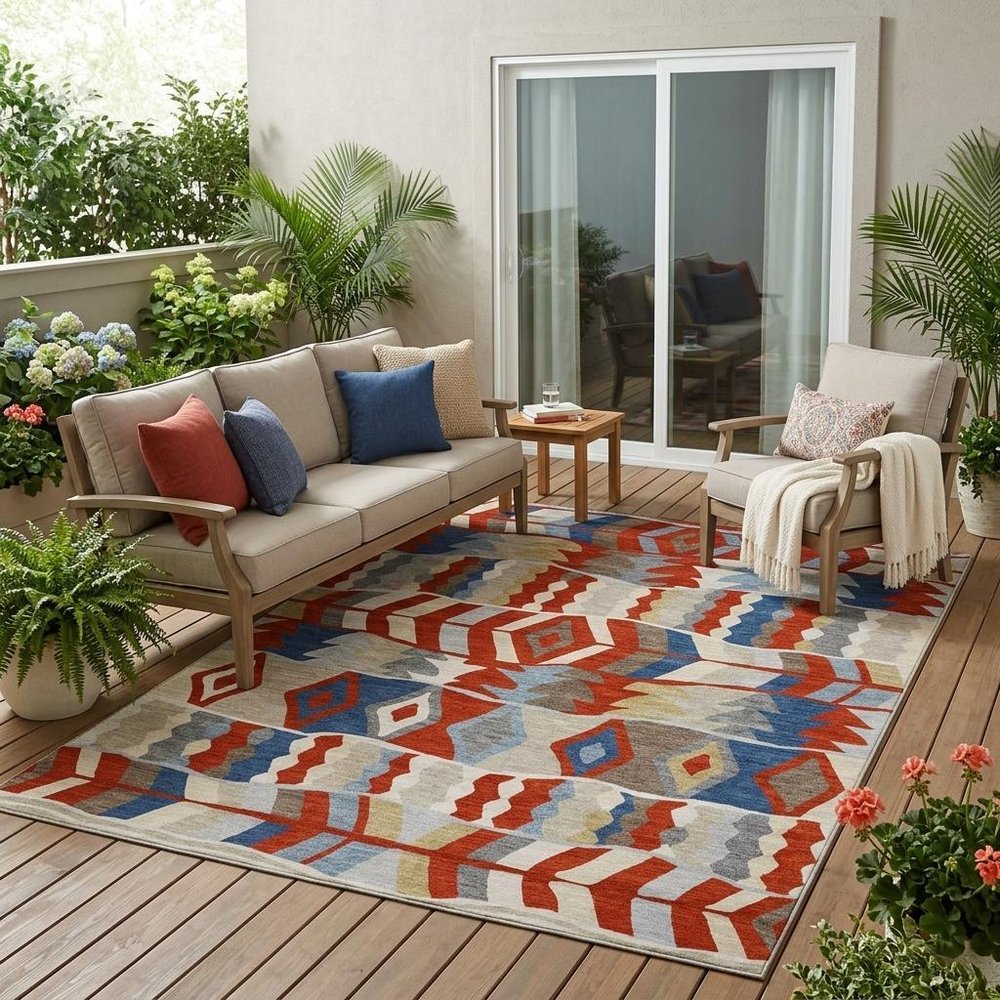 5' X 8' Red And Beige Geometric Washable Indoor Outdoor Area Rug HomeRoots