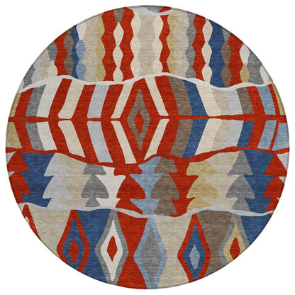 8' Red And Beige Round Geometric Washable Indoor Outdoor Area Rug HomeRoots