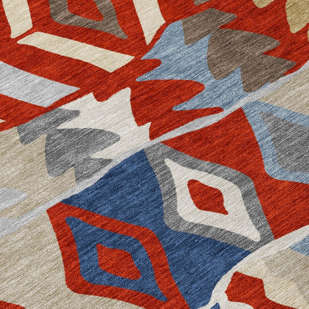 8' Red And Beige Round Geometric Washable Indoor Outdoor Area Rug HomeRoots