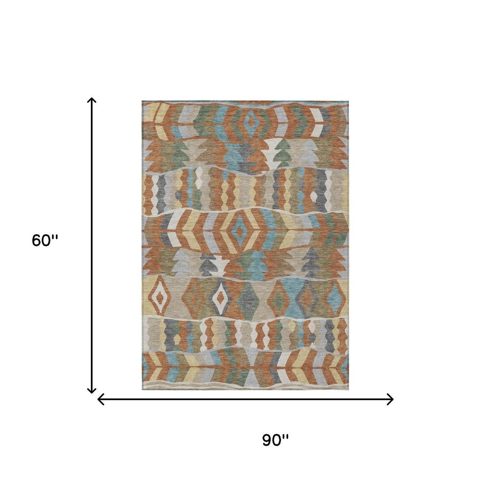 5' X 8' Rust And Orange Geometric Washable Indoor Outdoor Area Rug HomeRoots