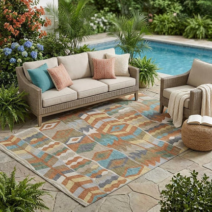 5' X 8' Rust And Orange Geometric Washable Indoor Outdoor Area Rug HomeRoots