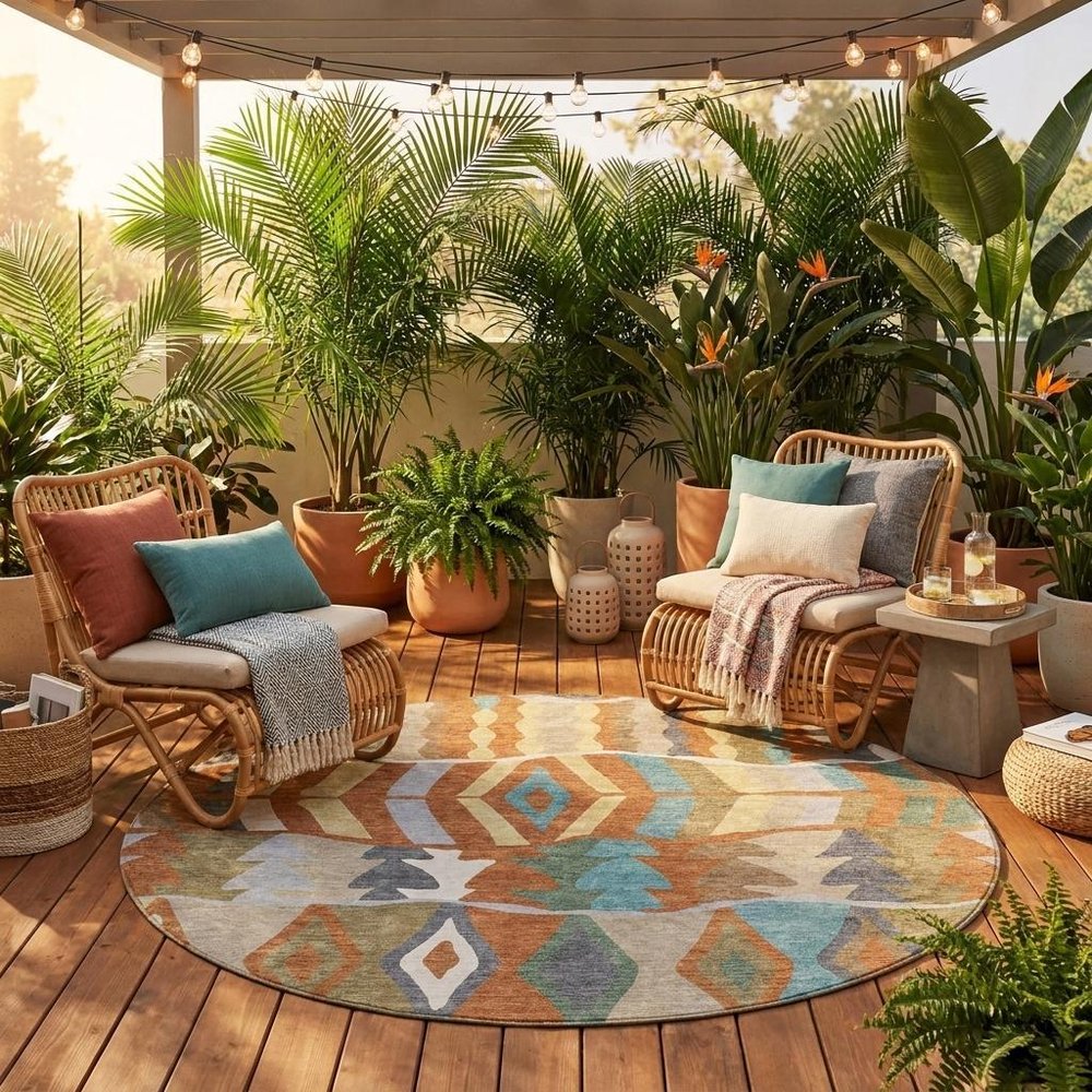 8' Rust And Orange Round Geometric Washable Indoor Outdoor Area Rug HomeRoots