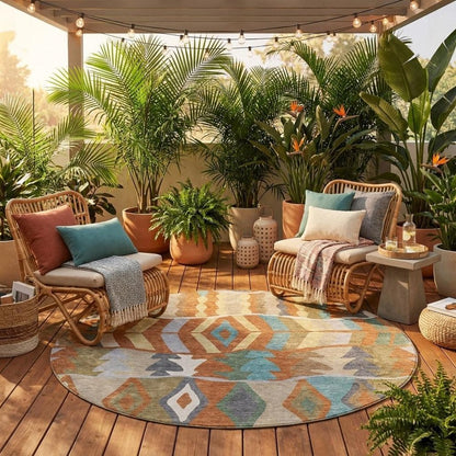 8' Rust And Orange Round Geometric Washable Indoor Outdoor Area Rug HomeRoots