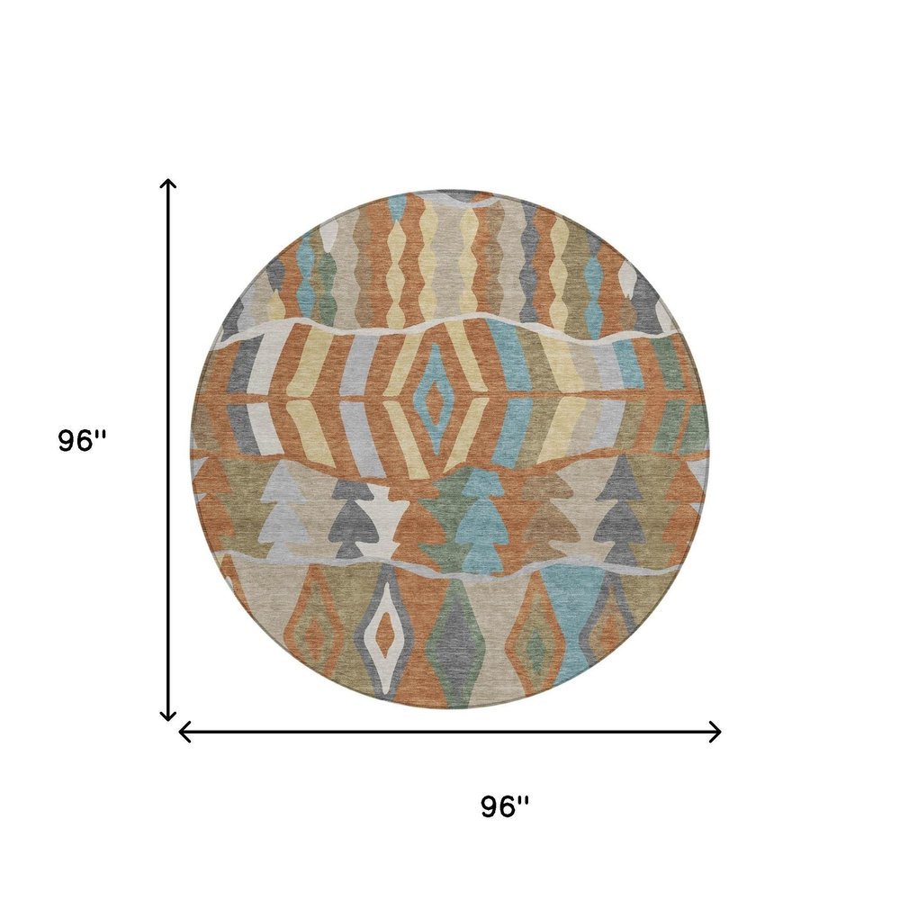 8' Rust And Orange Round Geometric Washable Indoor Outdoor Area Rug HomeRoots