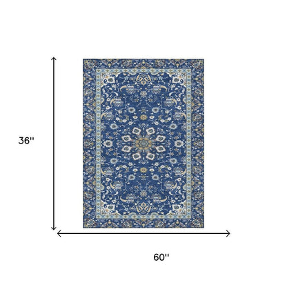3' X 5' Blue And Silver Oriental Washable Indoor Outdoor Area Rug HomeRoots