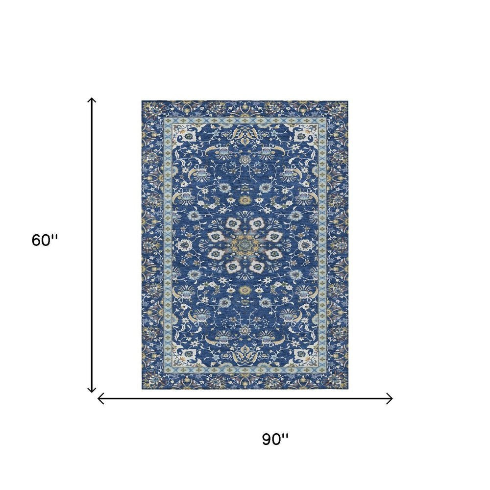 5' X 8' Blue And Silver Oriental Washable Indoor Outdoor Area Rug HomeRoots