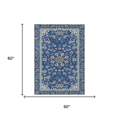 5' X 8' Blue And Silver Oriental Washable Indoor Outdoor Area Rug HomeRoots