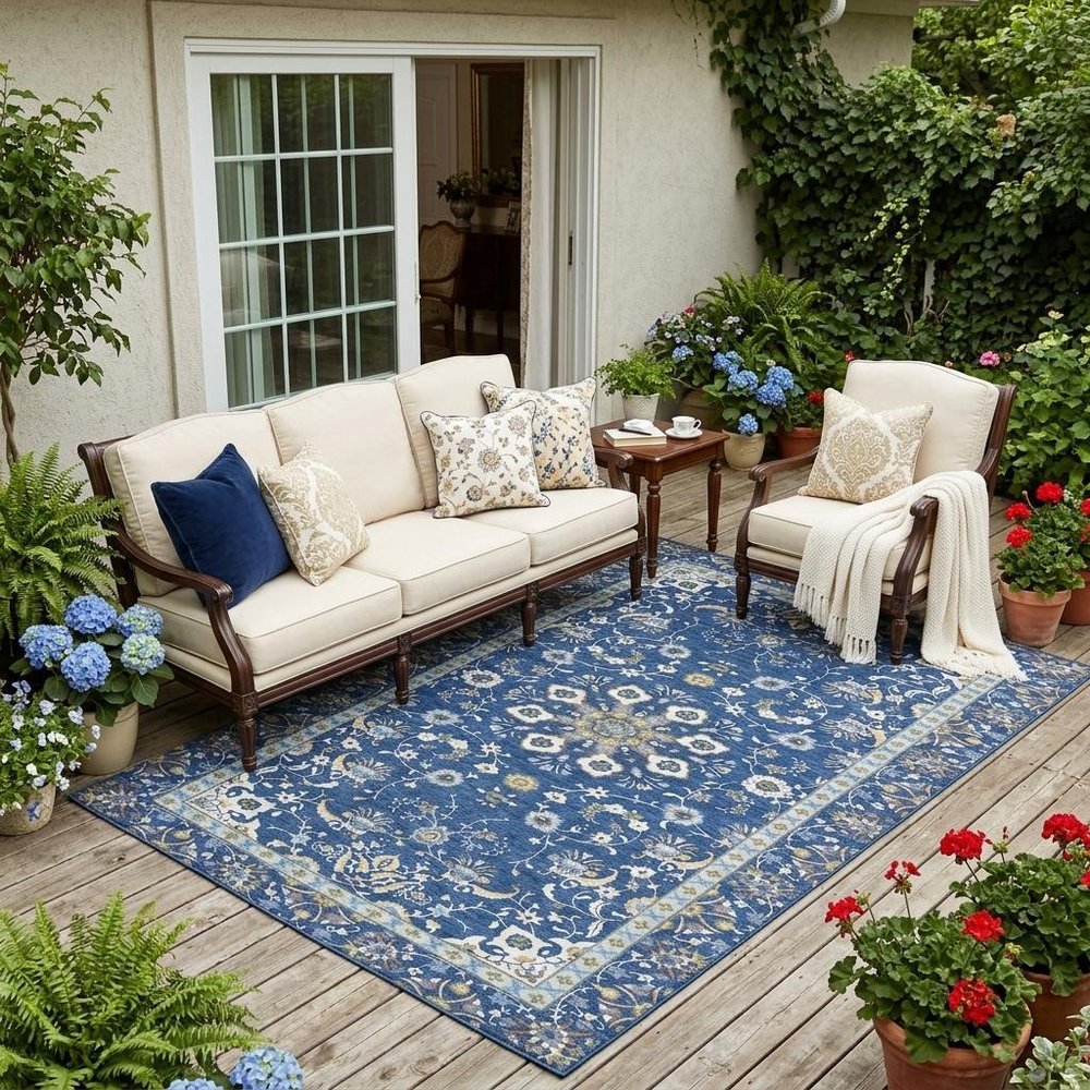 5' X 8' Blue And Silver Oriental Washable Indoor Outdoor Area Rug HomeRoots
