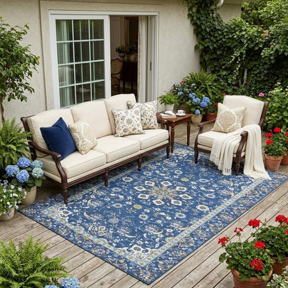 5' X 8' Blue And Silver Oriental Washable Indoor Outdoor Area Rug HomeRoots