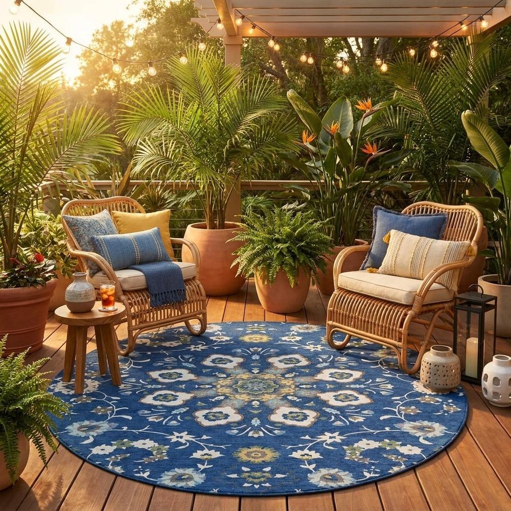 8' Blue And Silver Round Oriental Washable Indoor Outdoor Area Rug HomeRoots