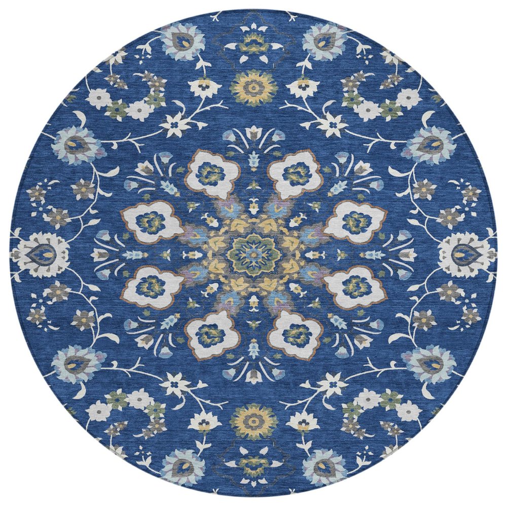 8' Blue And Silver Round Oriental Washable Indoor Outdoor Area Rug HomeRoots