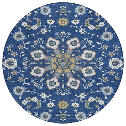8' Blue And Silver Round Oriental Washable Indoor Outdoor Area Rug HomeRoots