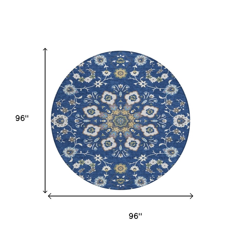 8' Blue And Silver Round Oriental Washable Indoor Outdoor Area Rug HomeRoots