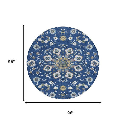 8' Blue And Silver Round Oriental Washable Indoor Outdoor Area Rug HomeRoots