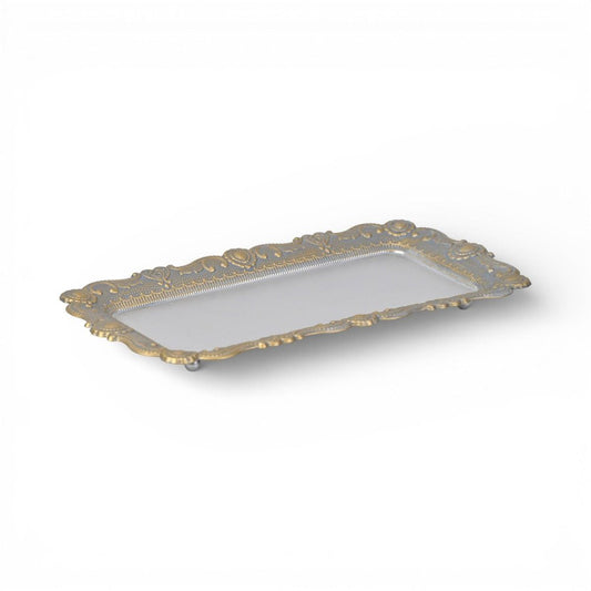 12" Blue Gray Silver And Gold Metal Handmade Trinket Tray