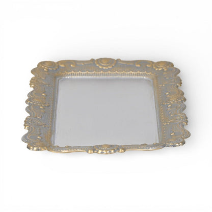 12" Blue Gray Silver And Gold Metal Handmade Trinket Tray