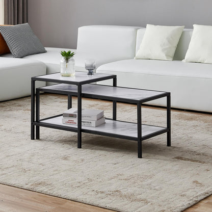 Modern Nesting coffee table Square & rectangle,Black metal frame with wood marble color top