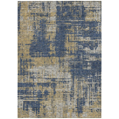 3' X 5' Navy Blue And Blue Abstract Washable Indoor Outdoor Area Rug