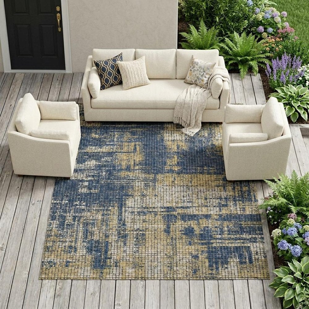 9' X 12' Navy Blue And Blue Abstract Washable Indoor Outdoor Area Rug HomeRoots