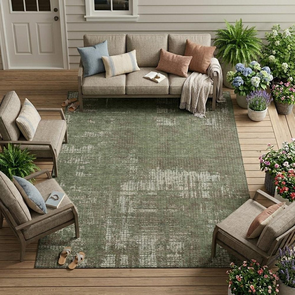 9' X 12' Olive Green And Green Abstract Washable Indoor Outdoor Area Rug — view 5