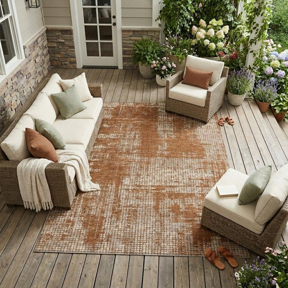 8' X 10' Orange And Beige Abstract Washable Indoor Outdoor Area Rug — view 5