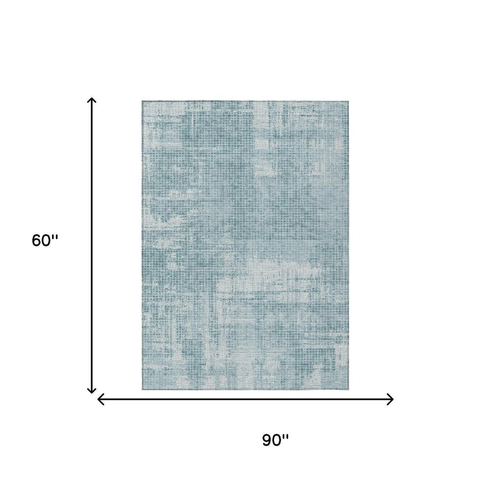 5' X 8' Teal Blue And Silver Abstract Washable Indoor Outdoor Area Rug — view 4