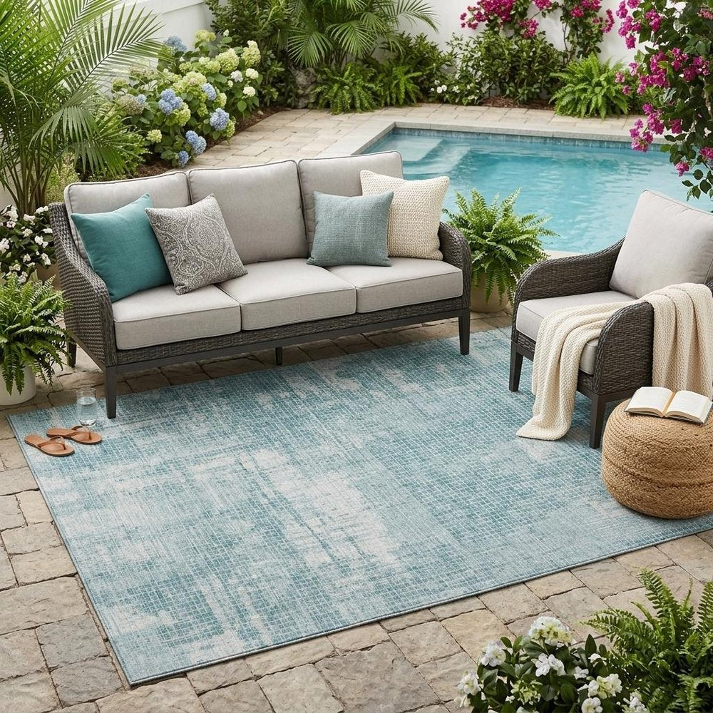 5' X 8' Teal Blue And Silver Abstract Washable Indoor Outdoor Area Rug