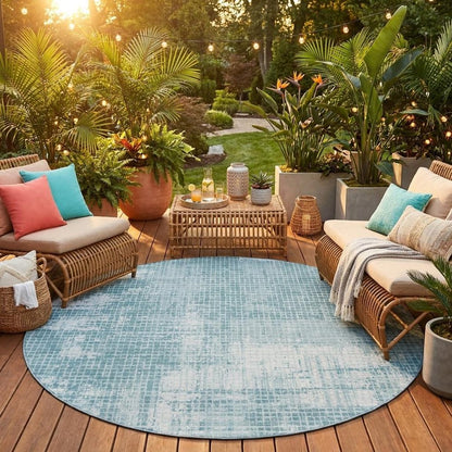 8' Teal Blue And Silver Round Abstract Washable Indoor Outdoor Area Rug HomeRoots