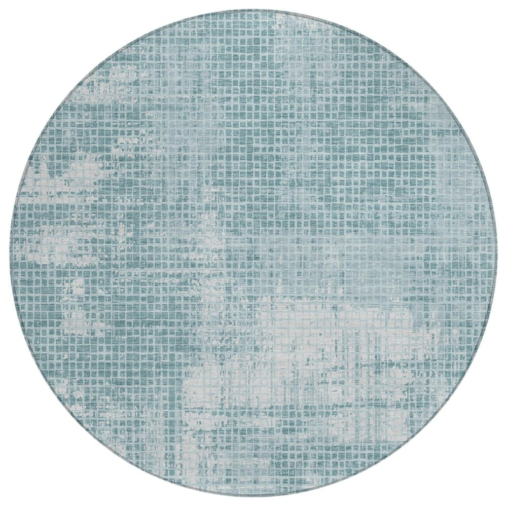 8' Teal Blue And Silver Round Abstract Washable Indoor Outdoor Area Rug — view 1