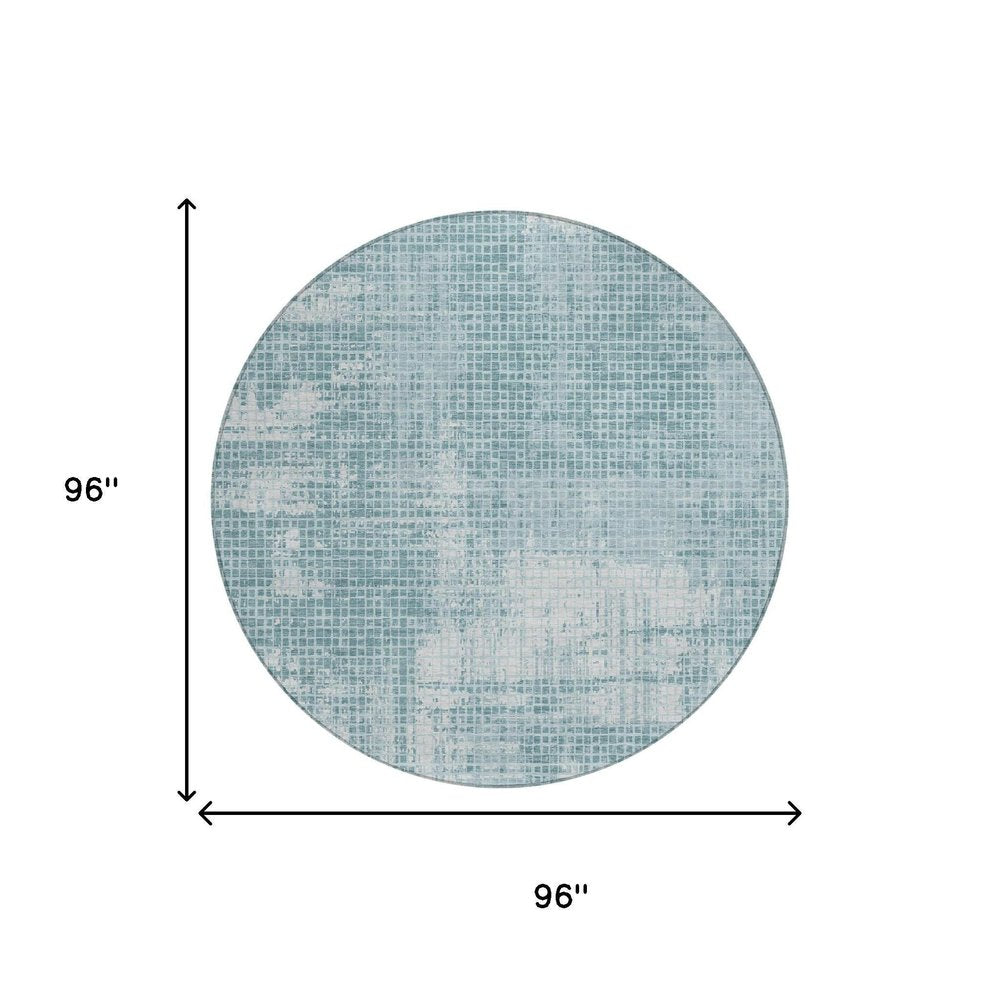 8' Teal Blue And Silver Round Abstract Washable Indoor Outdoor Area Rug — view 4