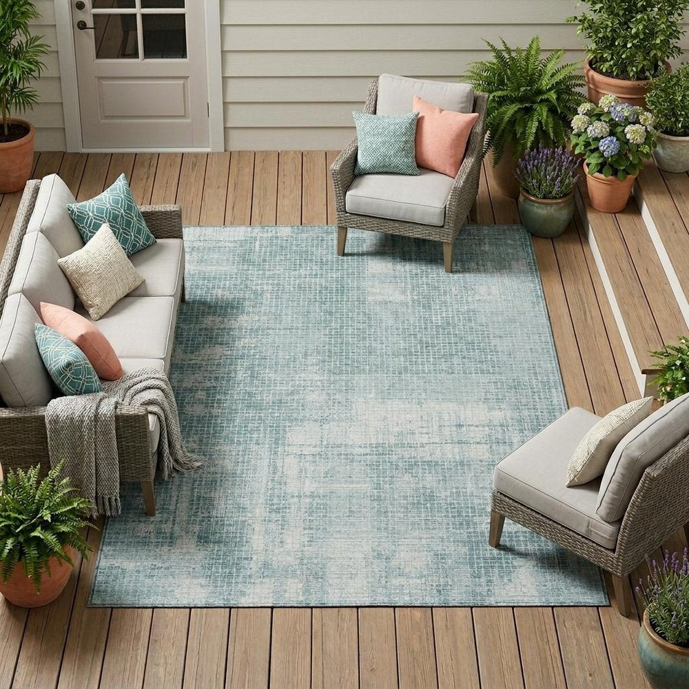 8' X 10' Teal Blue And Silver Abstract Washable Indoor Outdoor Area Rug HomeRoots