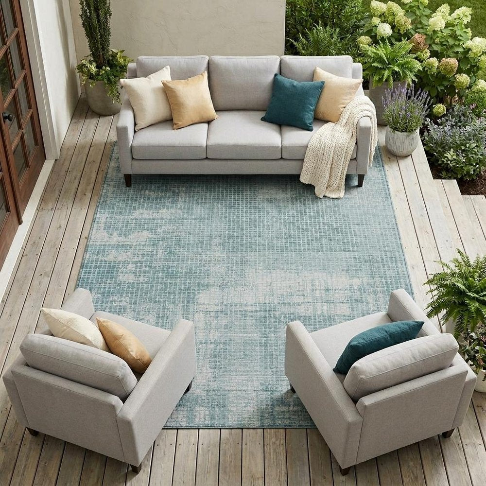 9' X 12' Teal Blue And Silver Abstract Washable Indoor Outdoor Area Rug — view 5