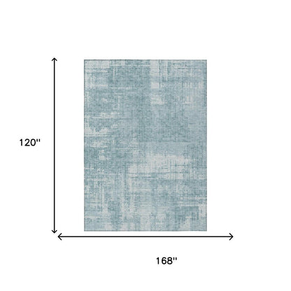 10' X 14' Teal Blue And Silver Abstract Washable Indoor Outdoor Area Rug