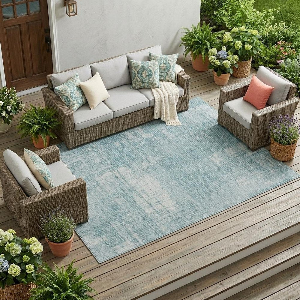 10' X 14' Teal Blue And Silver Abstract Washable Indoor Outdoor Area Rug — view 5