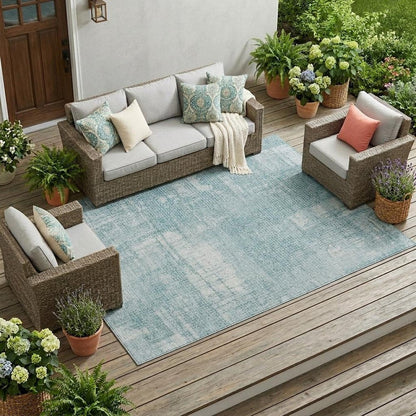 10' X 14' Teal Blue And Silver Abstract Washable Indoor Outdoor Area Rug
