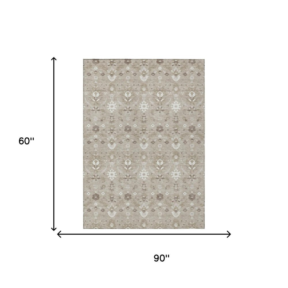5' X 8' Beige And Brown Oriental Washable Indoor Outdoor Area Rug — view 4