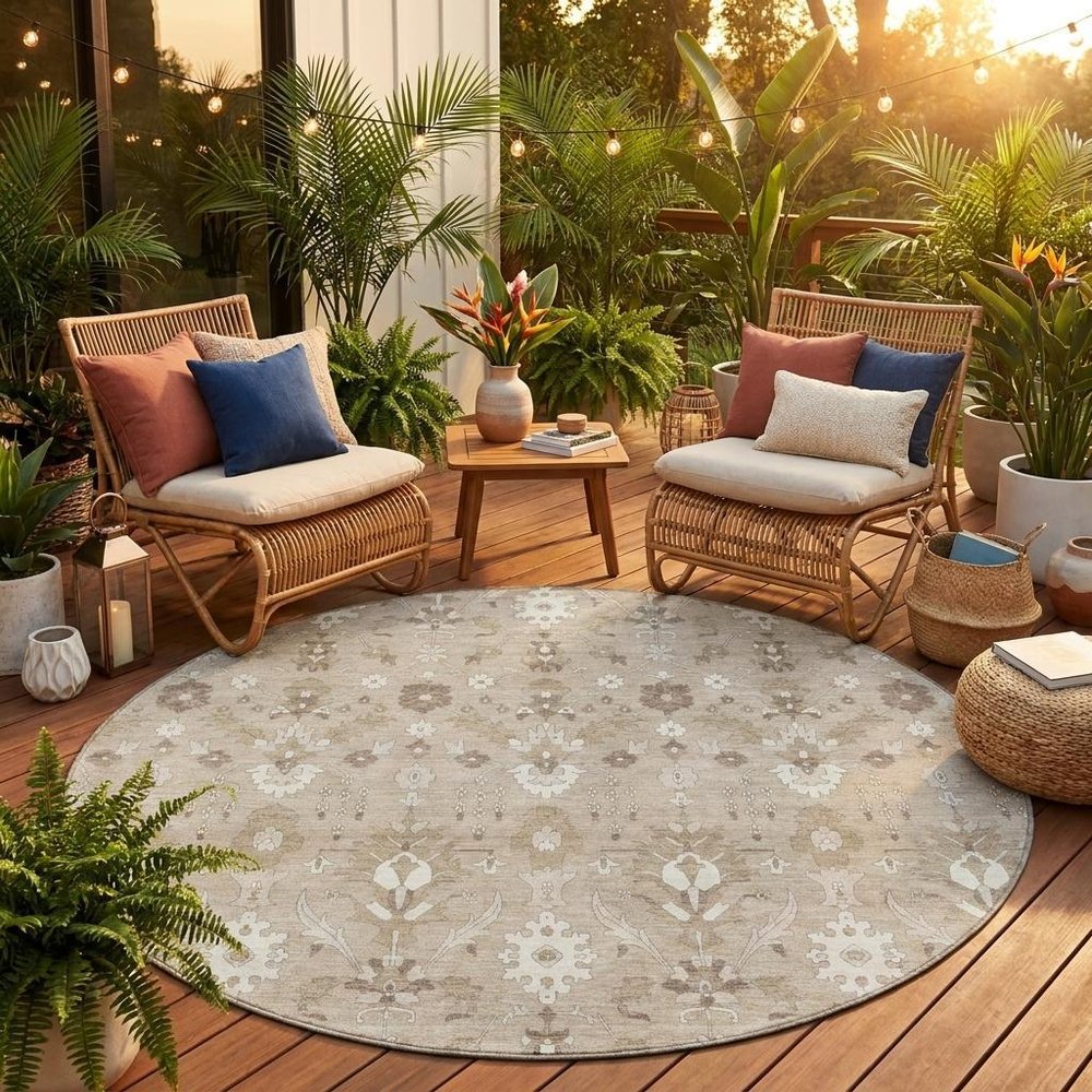 8' Beige And Brown Round Oriental Washable Indoor Outdoor Area Rug — view 5