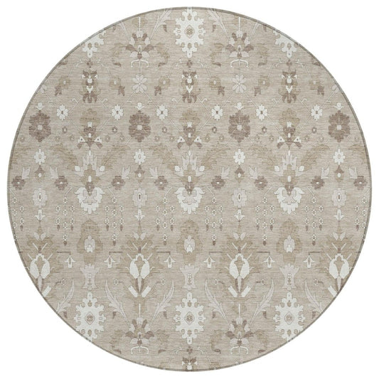8' Beige And Brown Round Oriental Washable Indoor Outdoor Area Rug