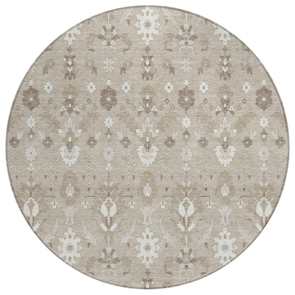 8' Beige And Brown Round Oriental Washable Indoor Outdoor Area Rug — view 1